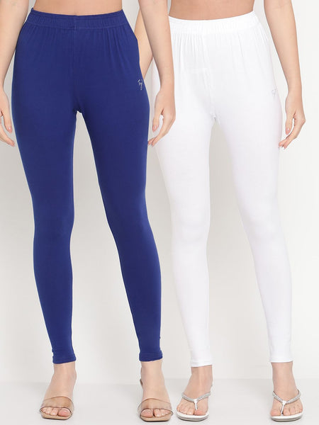 TAG 7 Women Pack Of 2 White & Blue Solid Ankle-Length Leggings