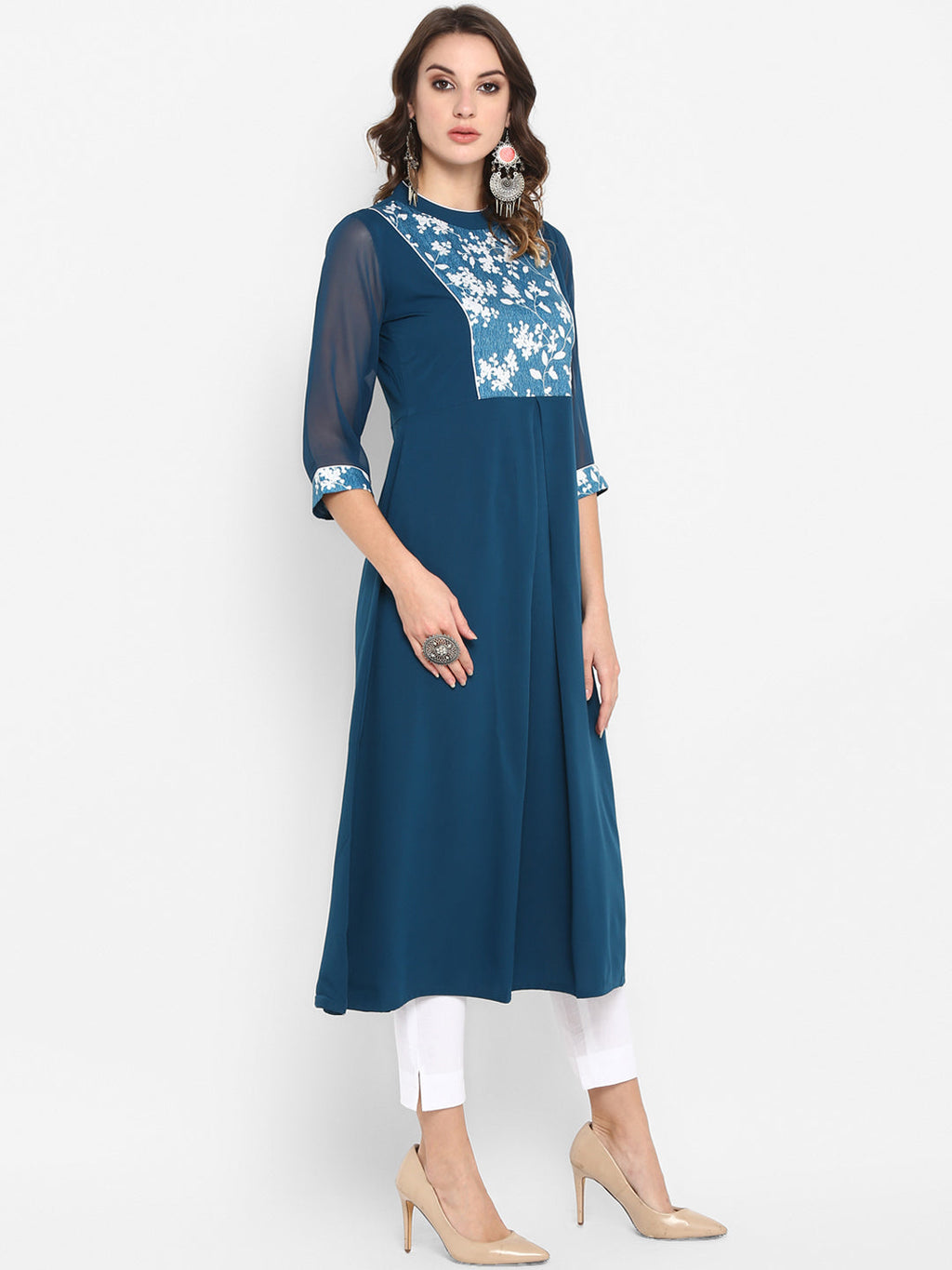 Janasya Turquoise Blue Yoke Design Anarkali Kurta - Distacart