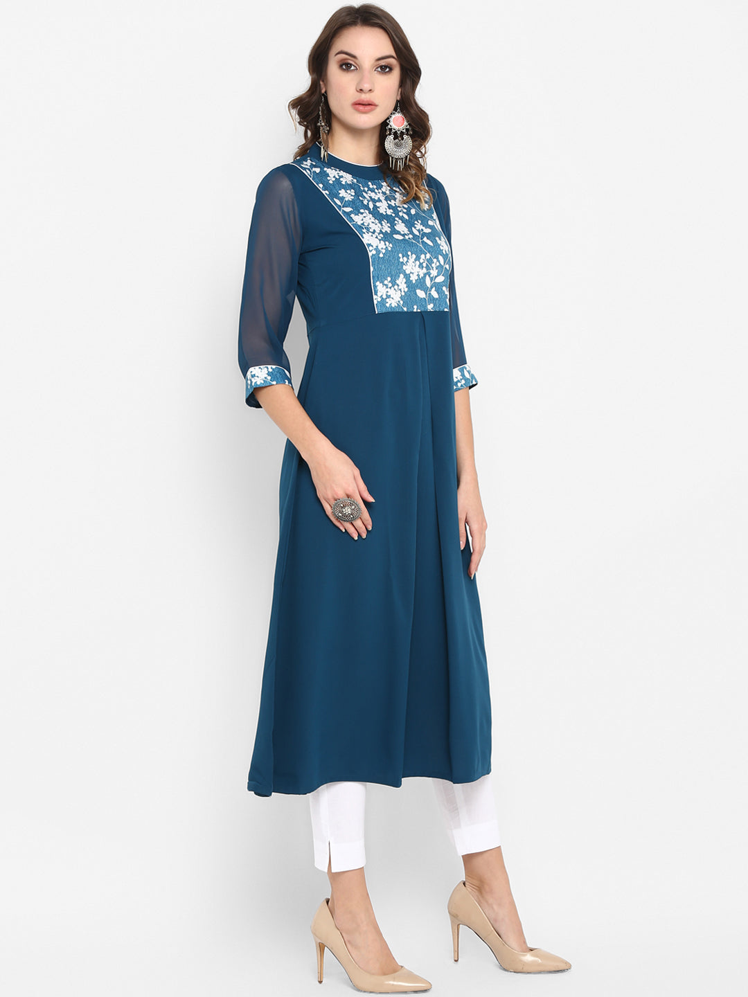 Janasya Turquoise Blue Yoke Design Anarkali Kurta - Distacart