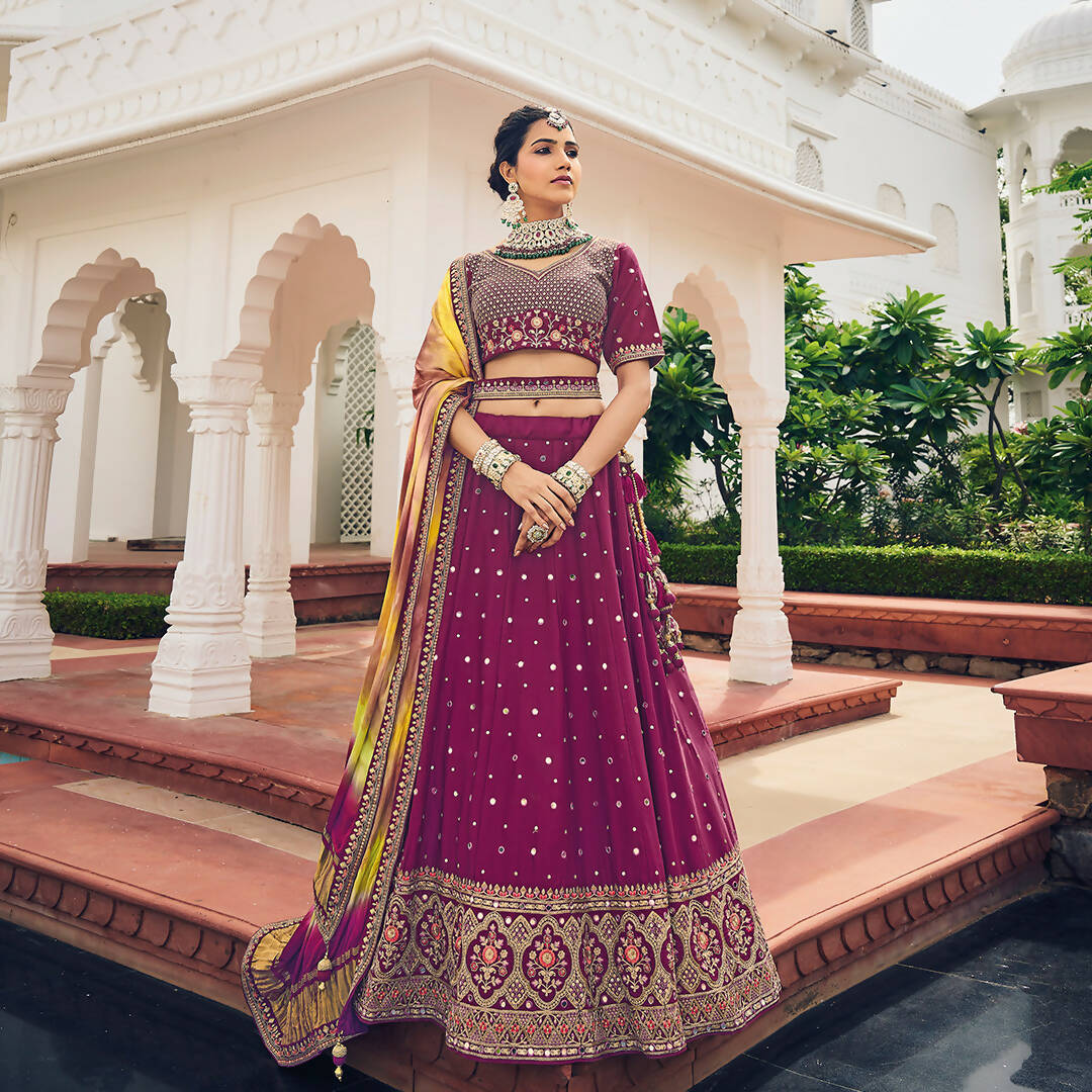 Wine Heavy Viscose Khatli, Embroidery & Mirror Work Unstitched Lehenga Choli - Sisha Keshav