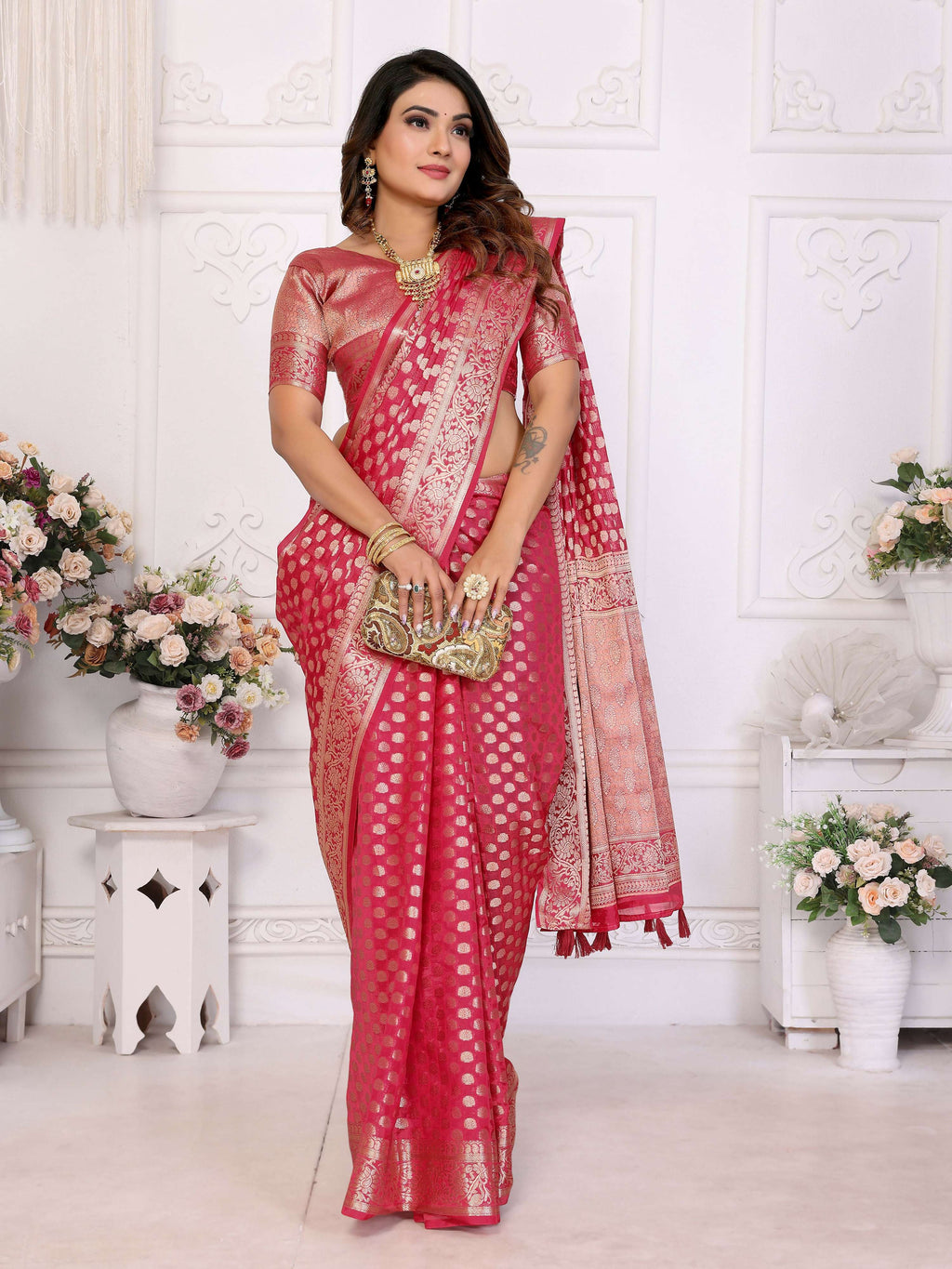 Aastha Fashion Magenta Organza Silk Weaving Saree - Distacart