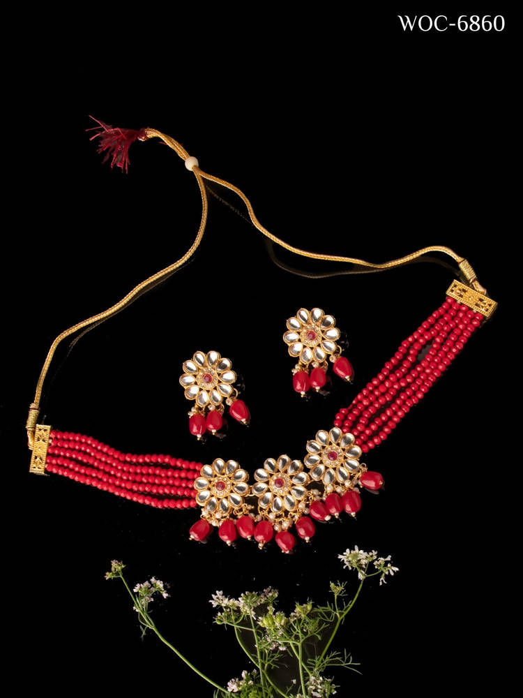 Mominos Fashion Johar Kamal Women's Red Beads Pearls Gold-Plated Jewellery Set