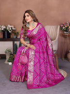 Aastha Fashion Magenta Pure Dola Silk Handmade Original Bandhej Saree - Distacart