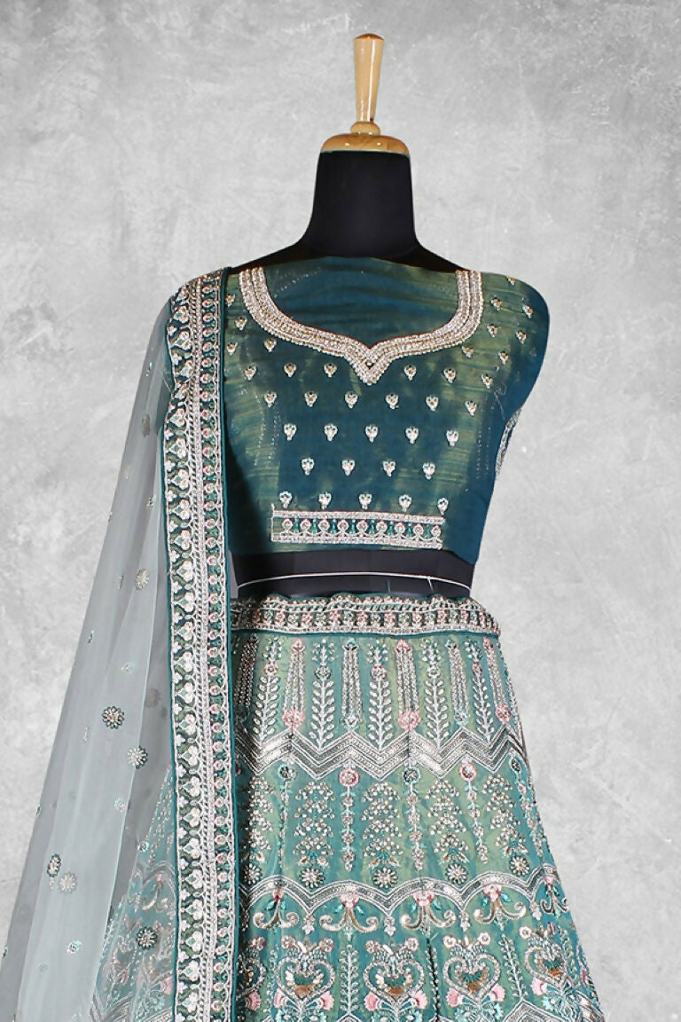 Teal Velvet Hand work Semi Stitched Lehenga Choli with Dupatta - Nimaya Lagnotsav