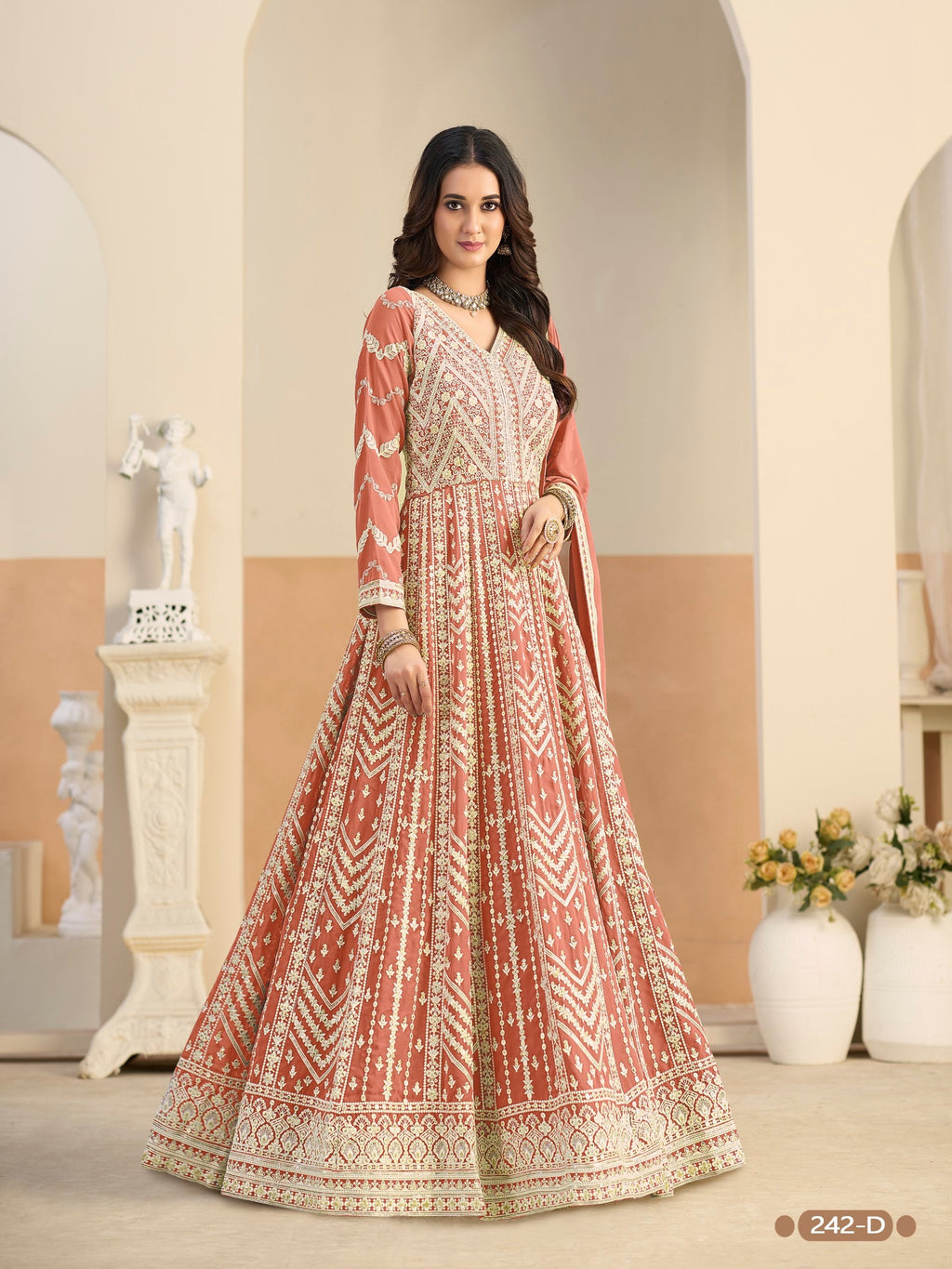 Anaita Light Orange Heavy Embroidered Faux Georgette Anarkali Suit With Salwar - Distacart