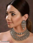 Tehzeeb Creations Women's Silver Colour Antique Necklace And Earrings With Mirror Work