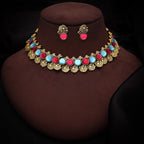 Tehzeeb Creations Sky Blue & Pink Colour Gold-Polished Stone Jewellery Choker Necklace Set With Matching Pair of Stud Earrings