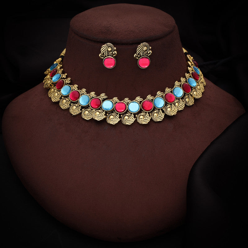 Tehzeeb Creations Sky Blue & Pink Colour Gold-Polished Stone Jewellery Choker Necklace Set With Matching Pair of Stud Earrings