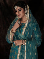 Myra Dark Firozi Net Embroidered Sharara Suit - Distacart