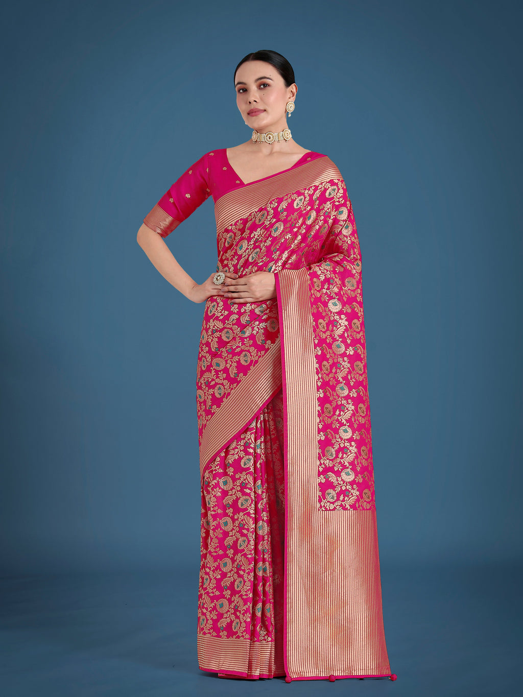 Monjolika Fashion Banarasi Silk Rani Pink Zaal Pattern Traditional Saree - Distacart