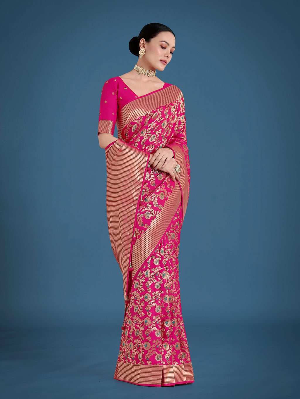 Monjolika Fashion Banarasi Silk Rani Pink Zaal Pattern Traditional Saree - Distacart