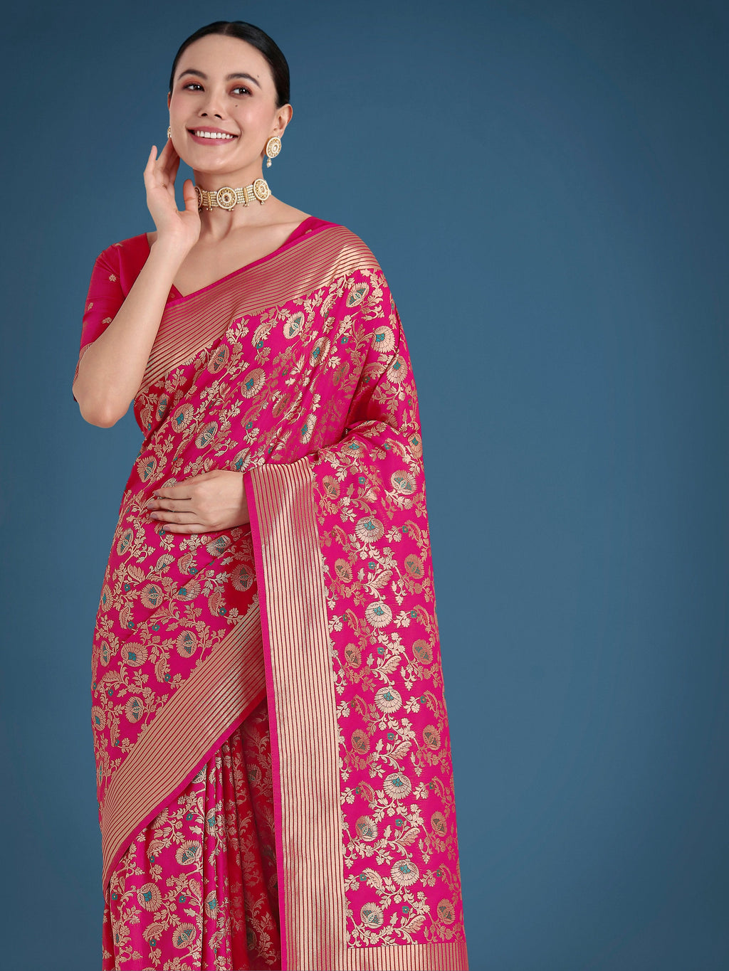 Monjolika Fashion Banarasi Silk Rani Pink Zaal Pattern Traditional Saree - Distacart