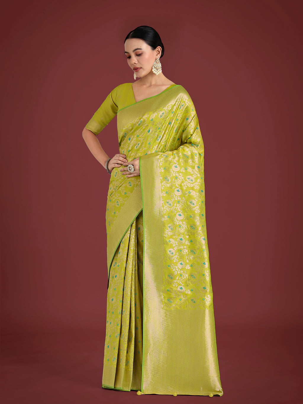 Monjolika Fashion Banarasi Silk Parrot Green Zaal Pattern Traditional Saree - Distacart