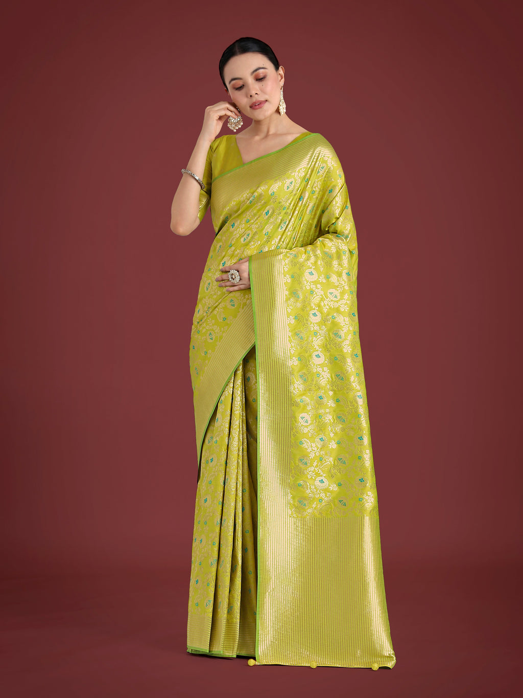 Monjolika Fashion Banarasi Silk Parrot Green Zaal Pattern Traditional Saree - Distacart