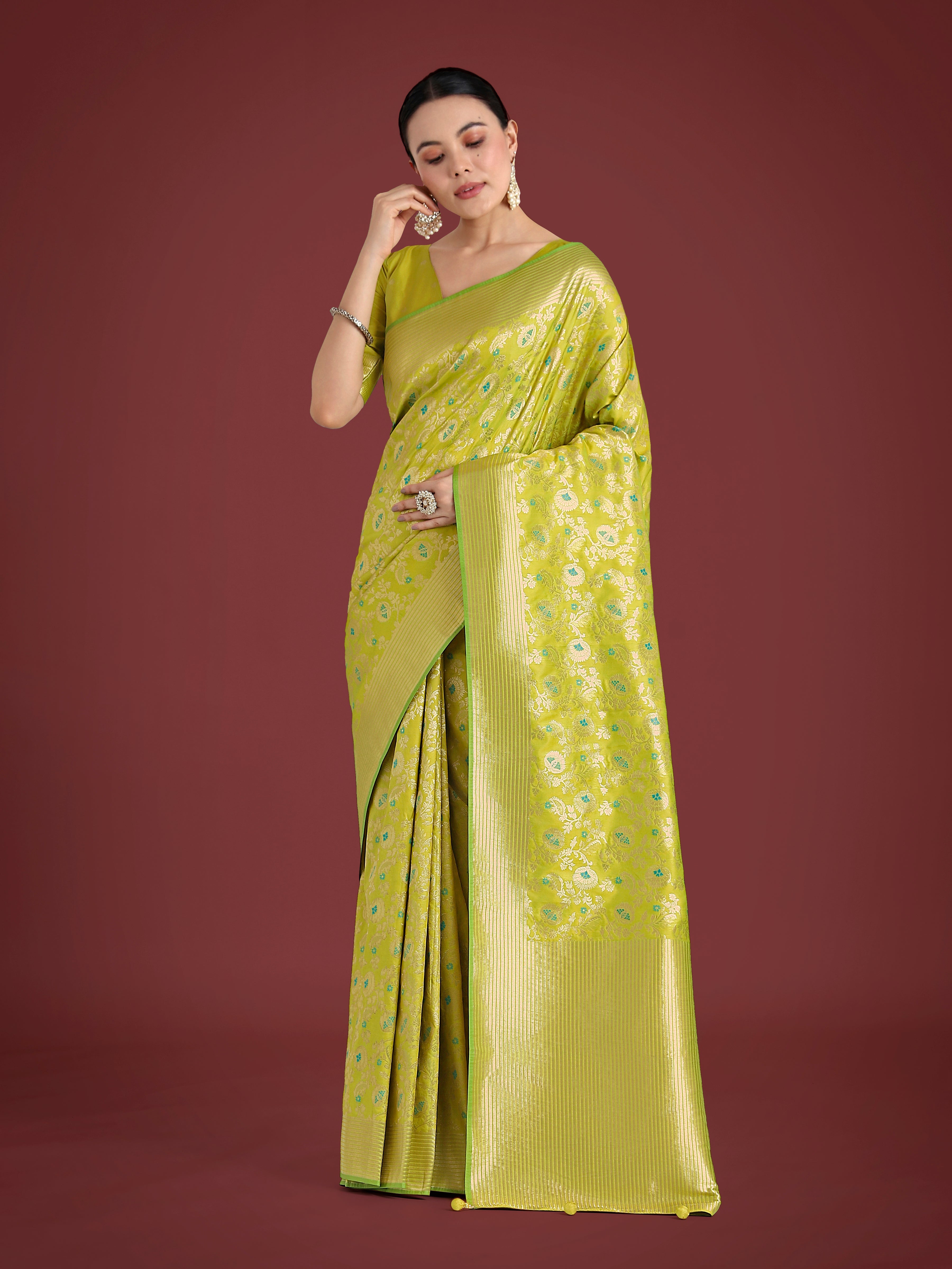 Monjolika Fashion Banarasi Silk Parrot Green Zaal Pattern Traditional Saree - Distacart