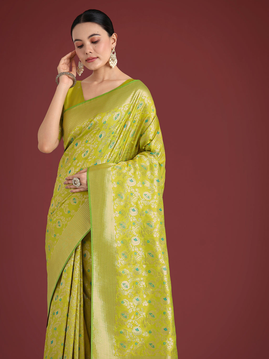 Monjolika Fashion Banarasi Silk Parrot Green Zaal Pattern Traditional Saree - Distacart