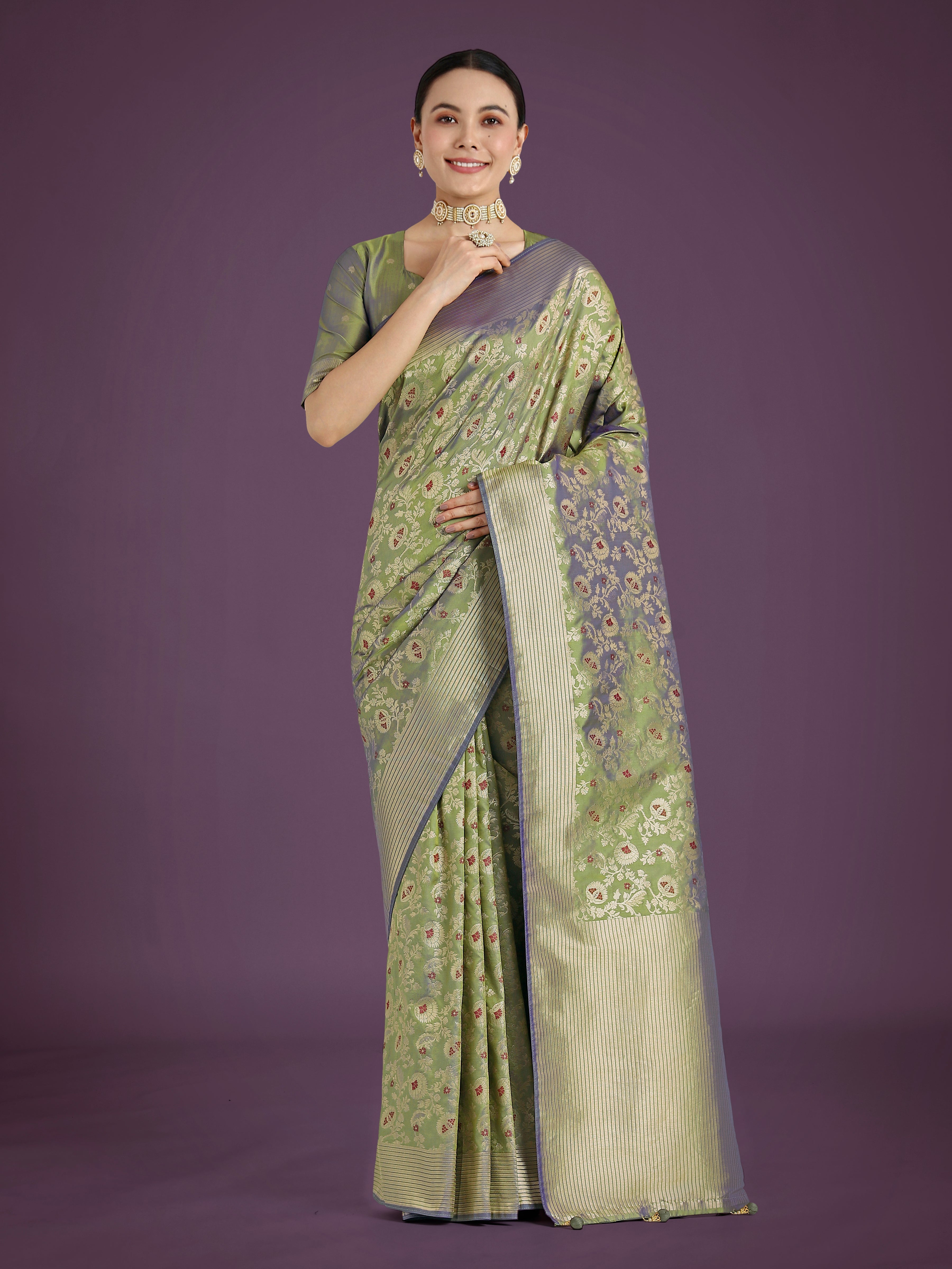Monjolika Fashion Banarasi Silk Olive Zaal Pattern Traditional Saree - Distacart