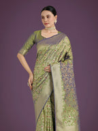 Monjolika Fashion Banarasi Silk Olive Zaal Pattern Traditional Saree - Distacart