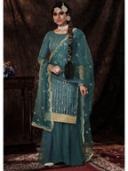 Myra Dark Firozi Net Embroidered Sharara Suit