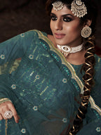 Myra Dark Firozi Net Embroidered Sharara Suit