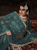 Myra Beautiful Dark Firozi Net Embroidered Sharara Suit - Distacart