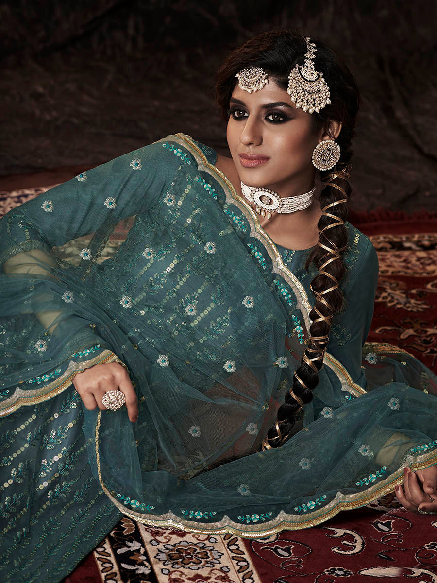 Myra Dark Firozi Net Embroidered Sharara Suit