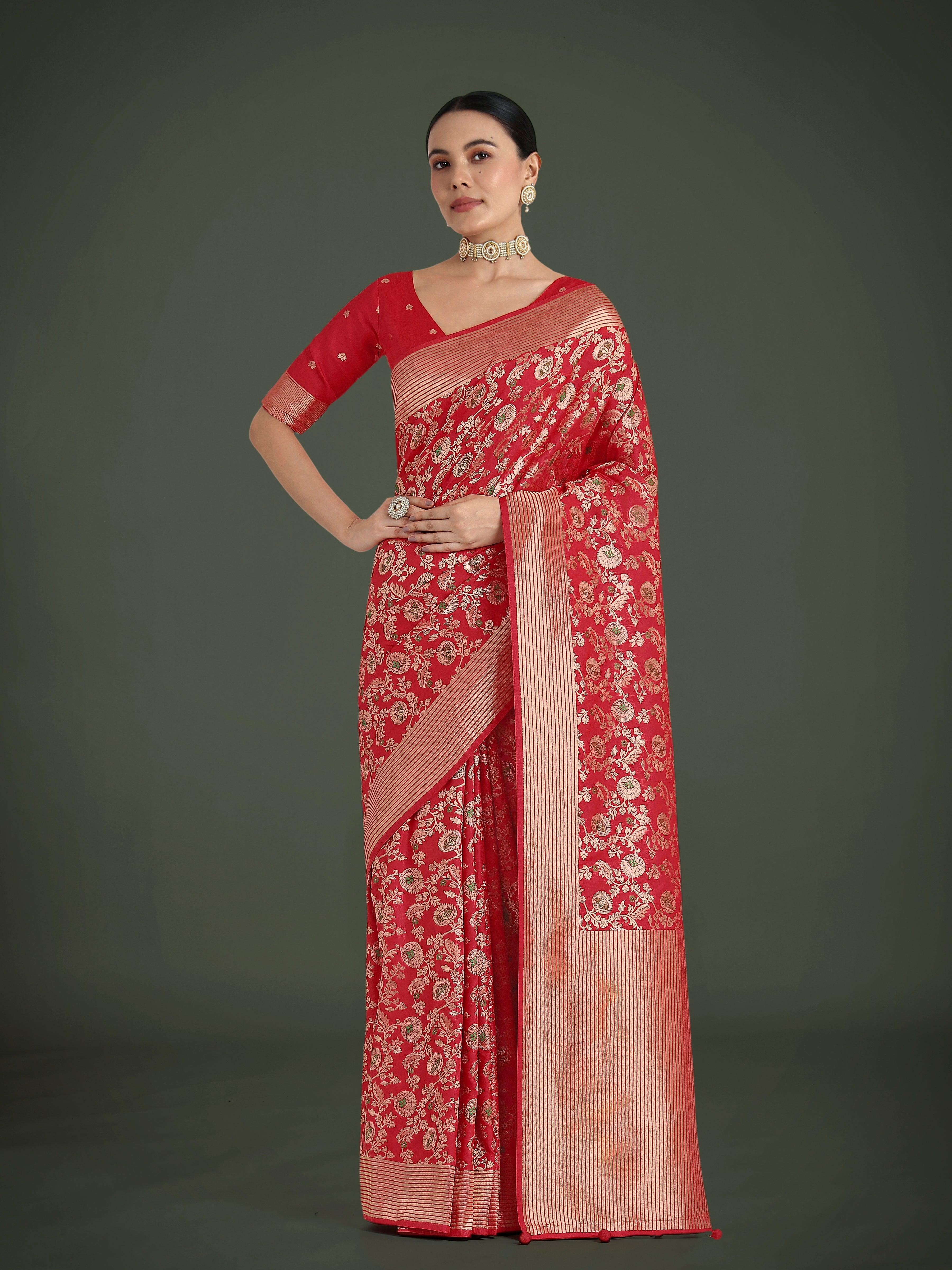 Monjolika Fashion Banarasi Silk Red Zaal Pattern Traditional Saree - Distacart