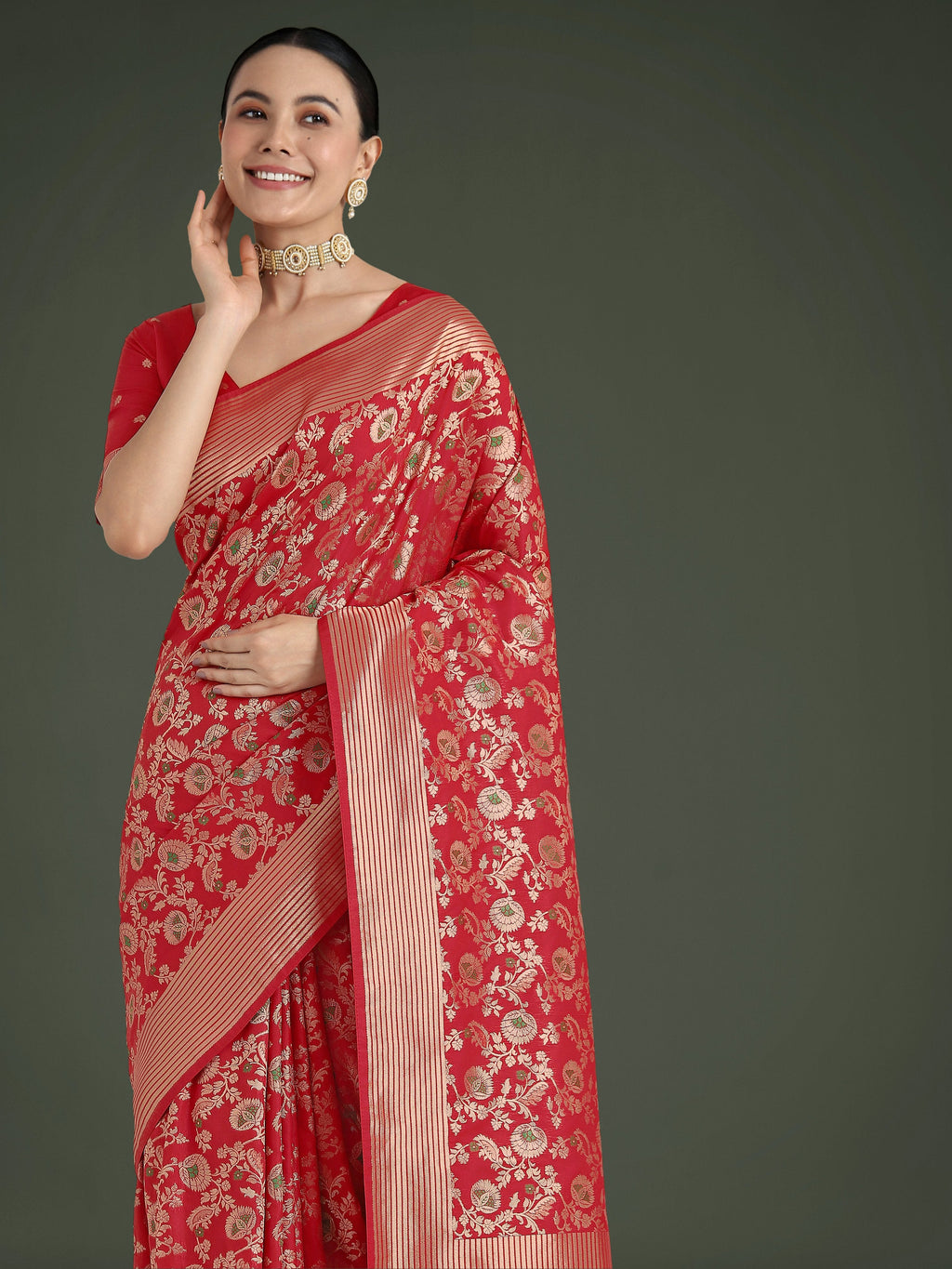 Monjolika Fashion Banarasi Silk Red Zaal Pattern Traditional Saree - Distacart