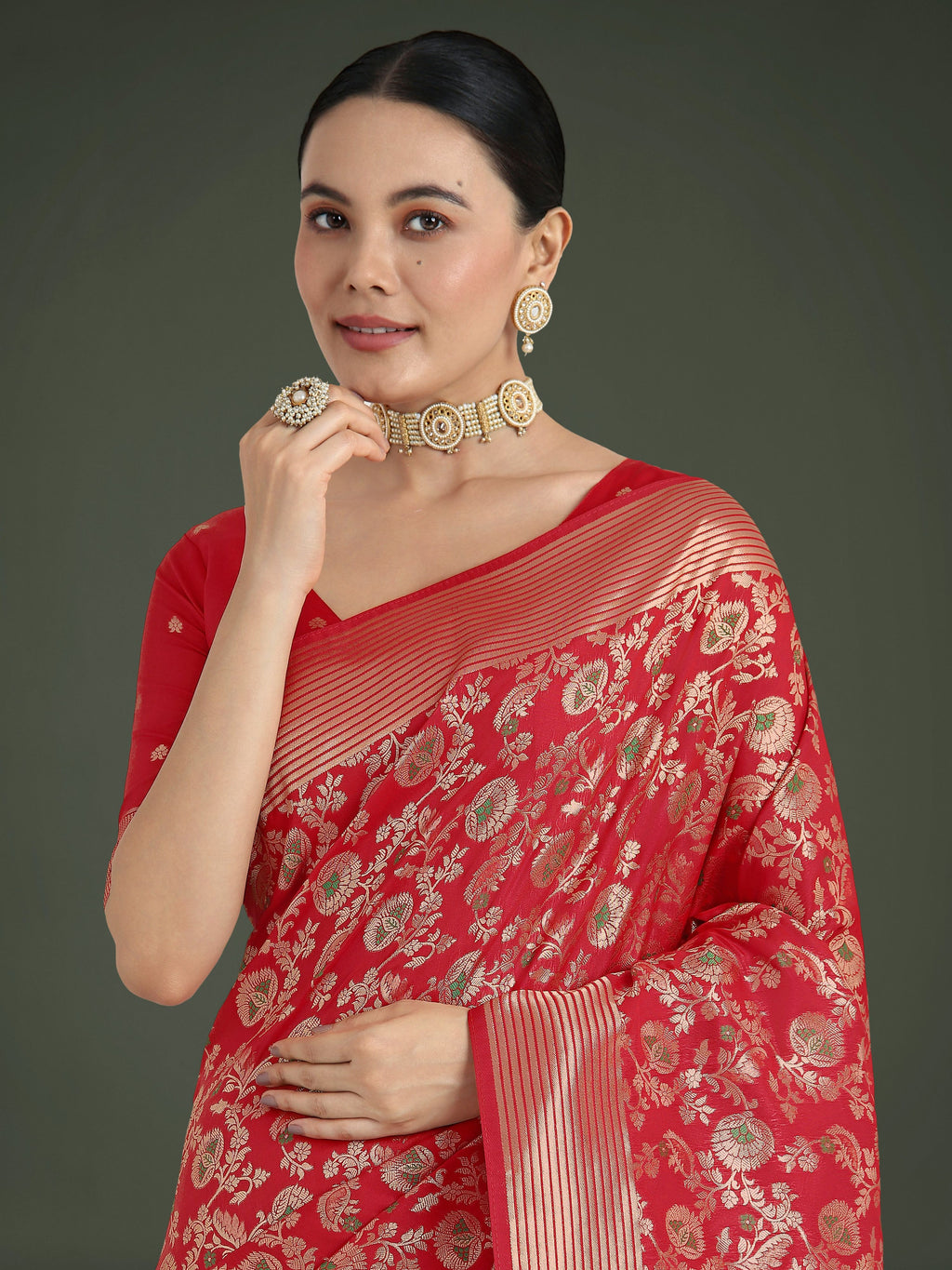 Monjolika Fashion Banarasi Silk Red Zaal Pattern Traditional Saree - Distacart