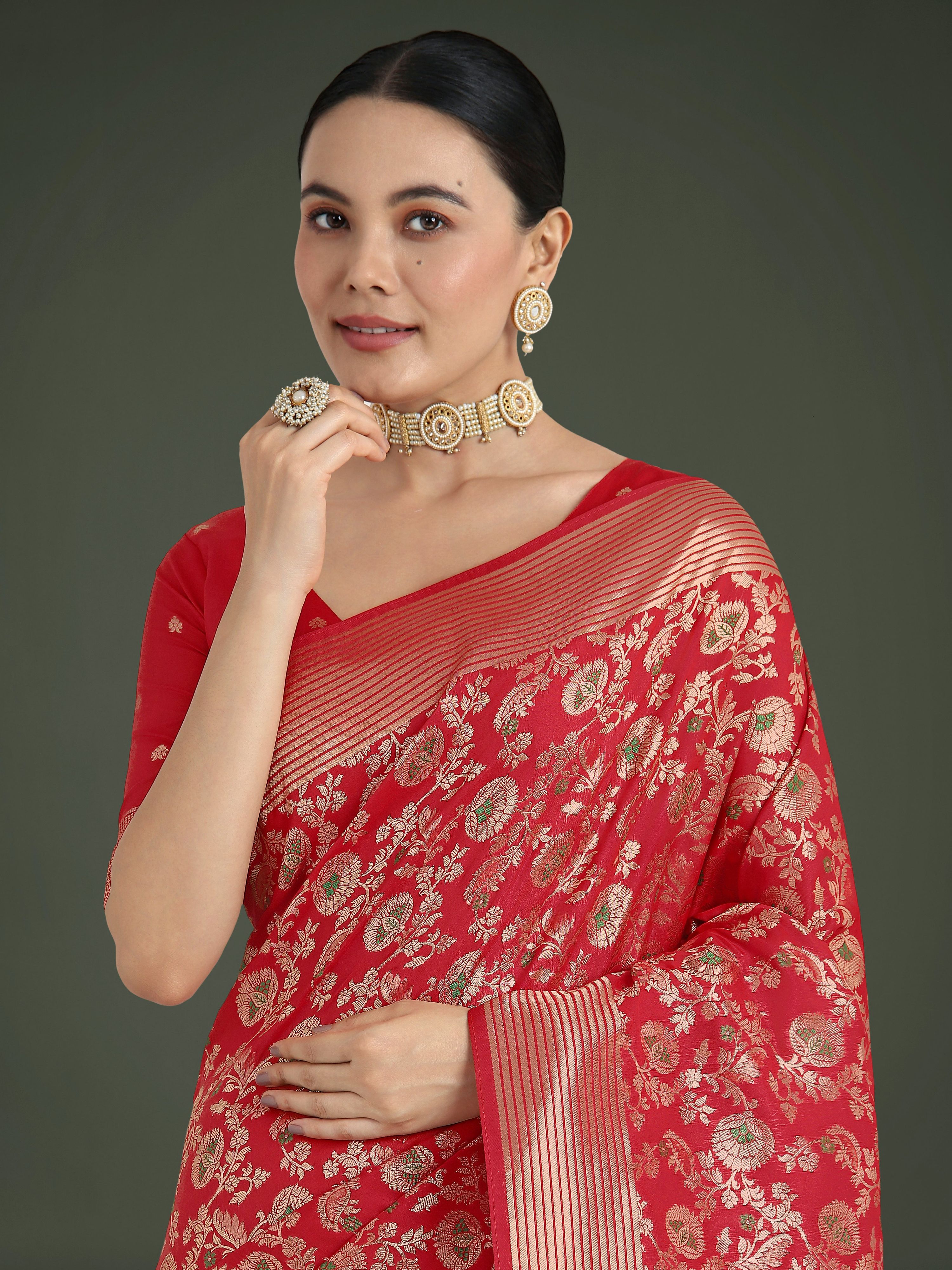 Monjolika Fashion Banarasi Silk Red Zaal Pattern Traditional Saree - Distacart