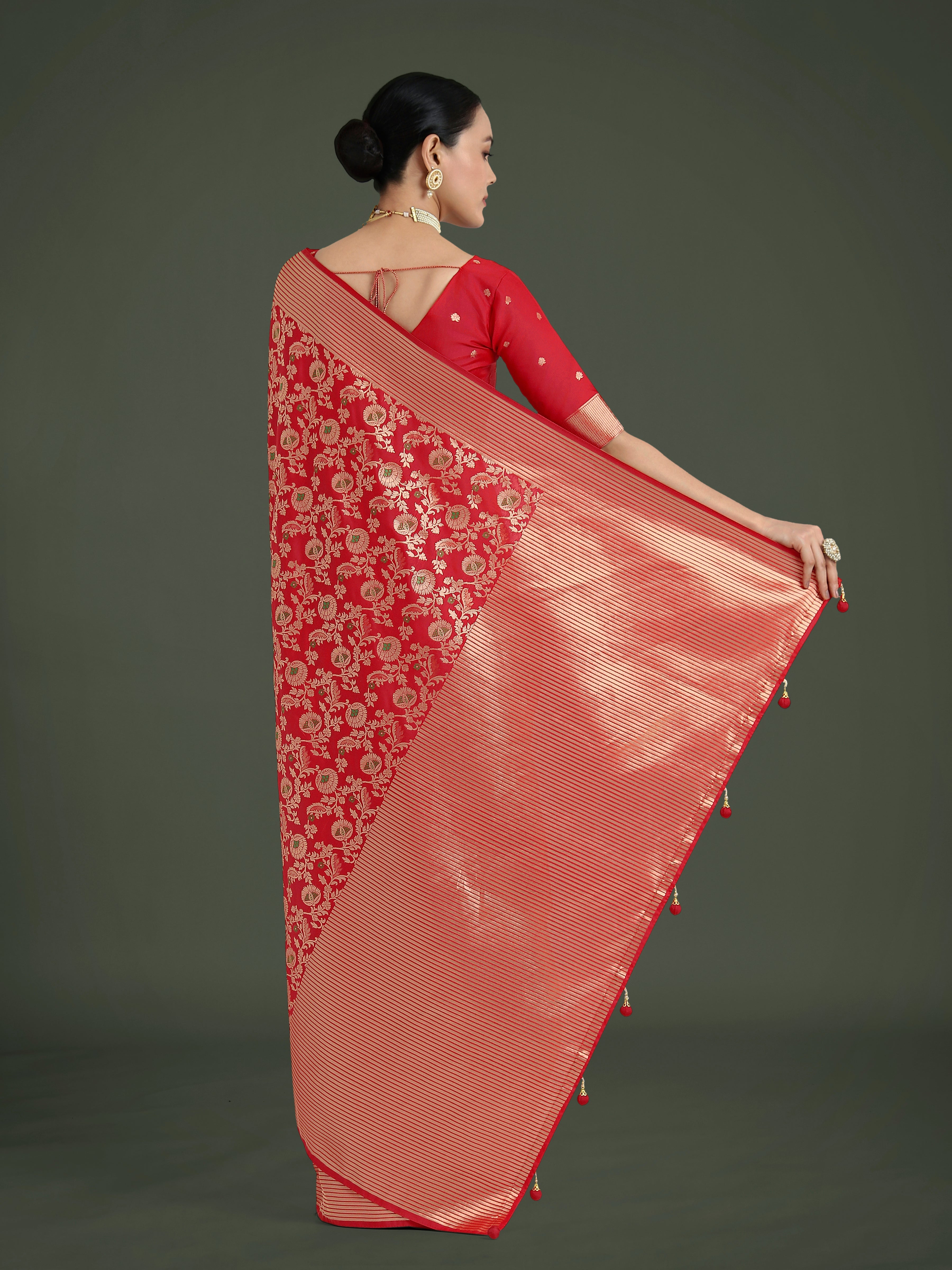 Monjolika Fashion Banarasi Silk Red Zaal Pattern Traditional Saree - Distacart