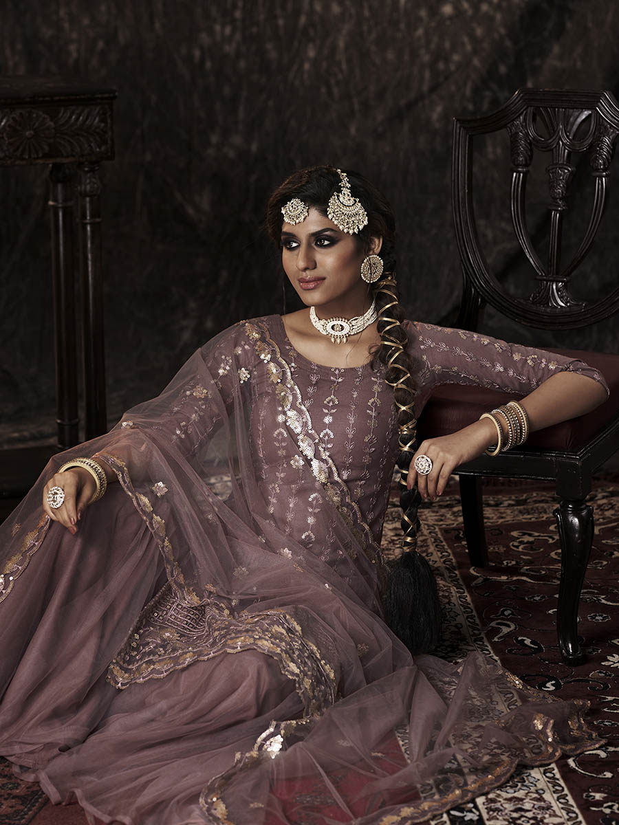 Myra Lilac Net Embroidered Sharara Suit