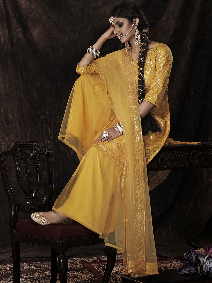 Myra Mustard Net Embroidered Sharara Suit