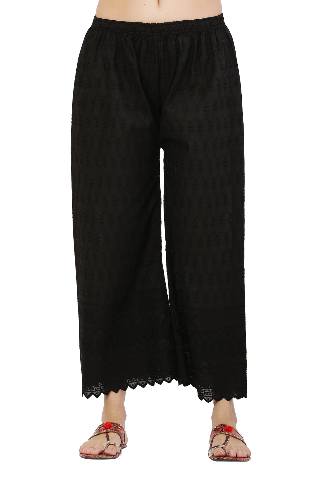 PAVONINE Black Color Half Schiffli Chikankari Cotton Fabric Palazzo For Women - Distacart