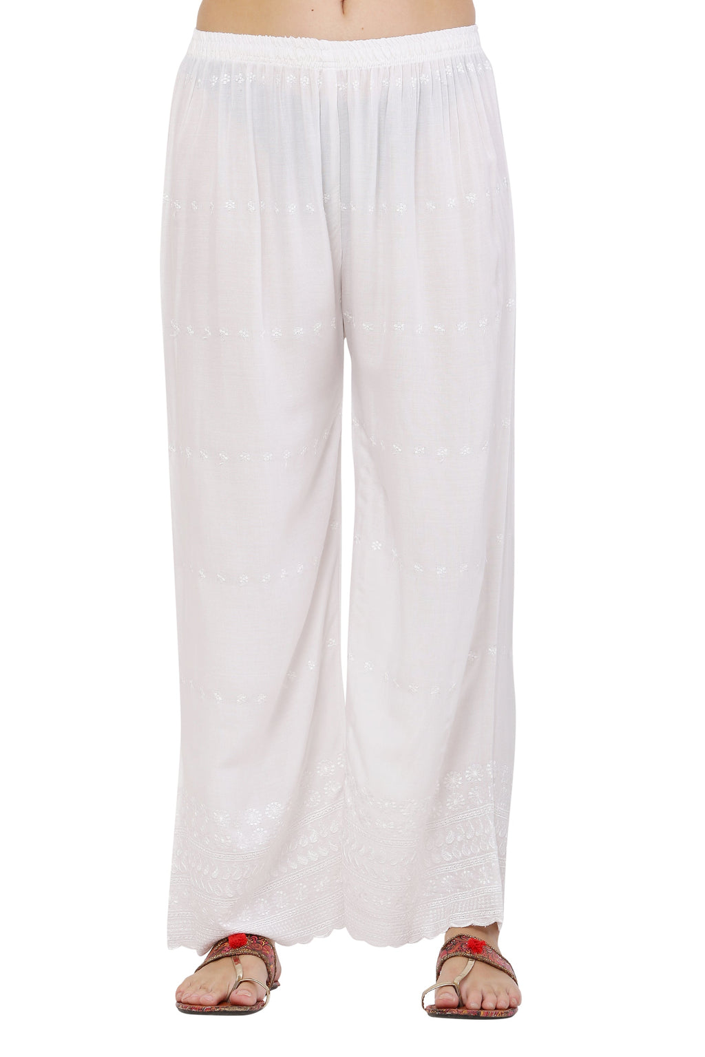 PAVONINE White Color Half Schiffli Chikankari Cotton Fabric Palazzo For Women - Distacart