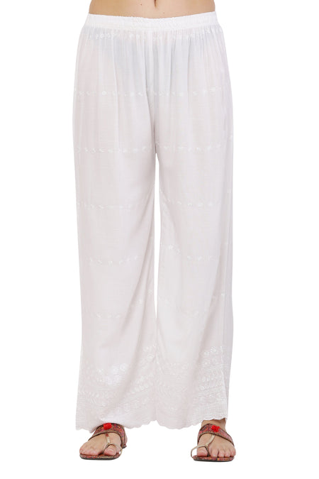 PAVONINE White Color Half Schiffli Chikankari Cotton Fabric Palazzo For Women