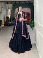 Lorenvalley Black Georgette Plain with Sequins and Thread Embroidery Work Belt Lehenga Choli with Dupatta