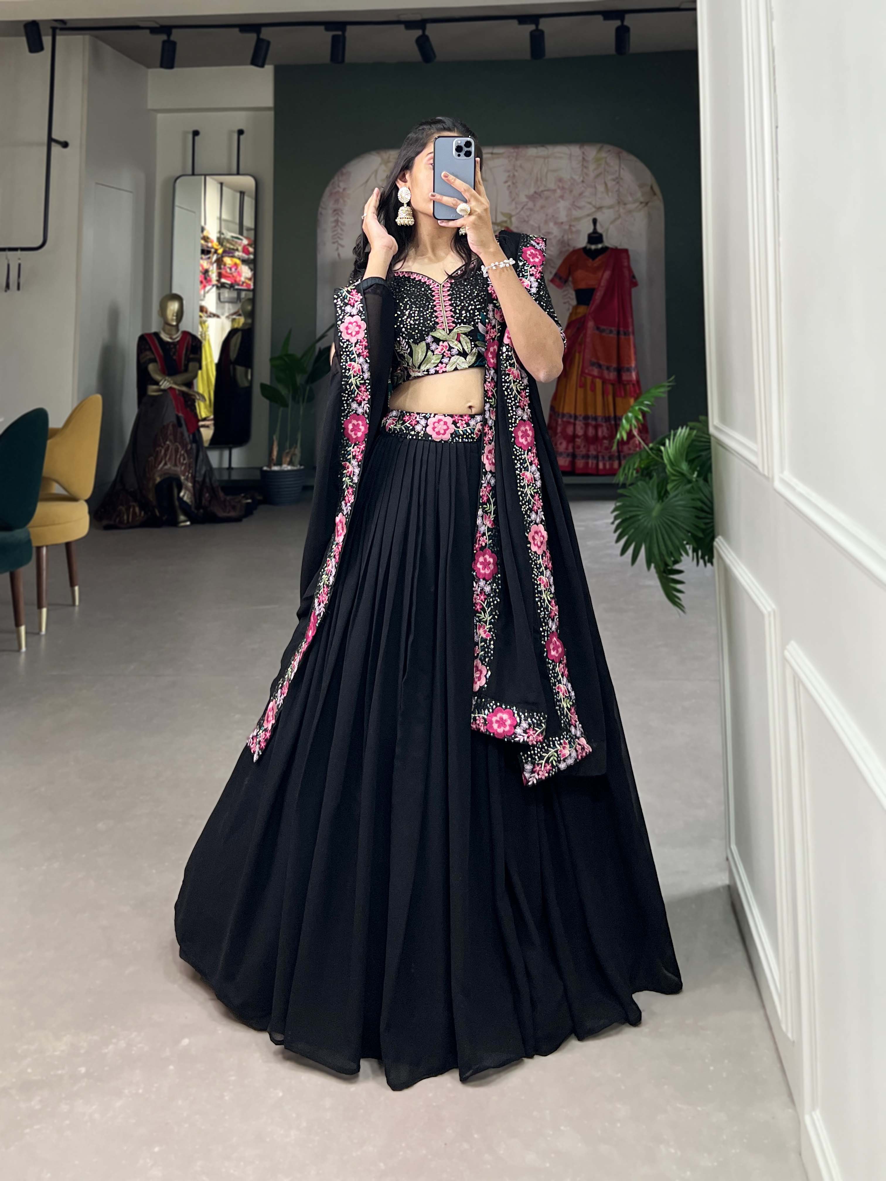 Lorenvalley Black Georgette Plain with Sequins and Thread Embroidery Work Belt Lehenga Choli with Dupatta