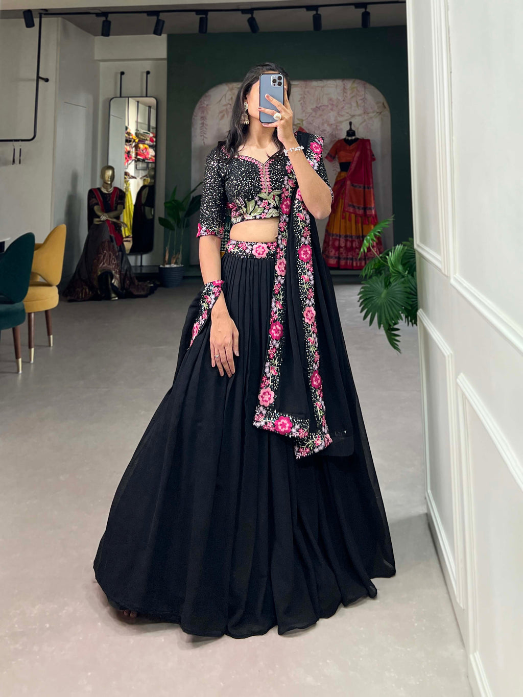 Lorenvalley Black Georgette Plain with Sequins and Thread Embroidery Work Belt Lehenga Choli with Dupatta
