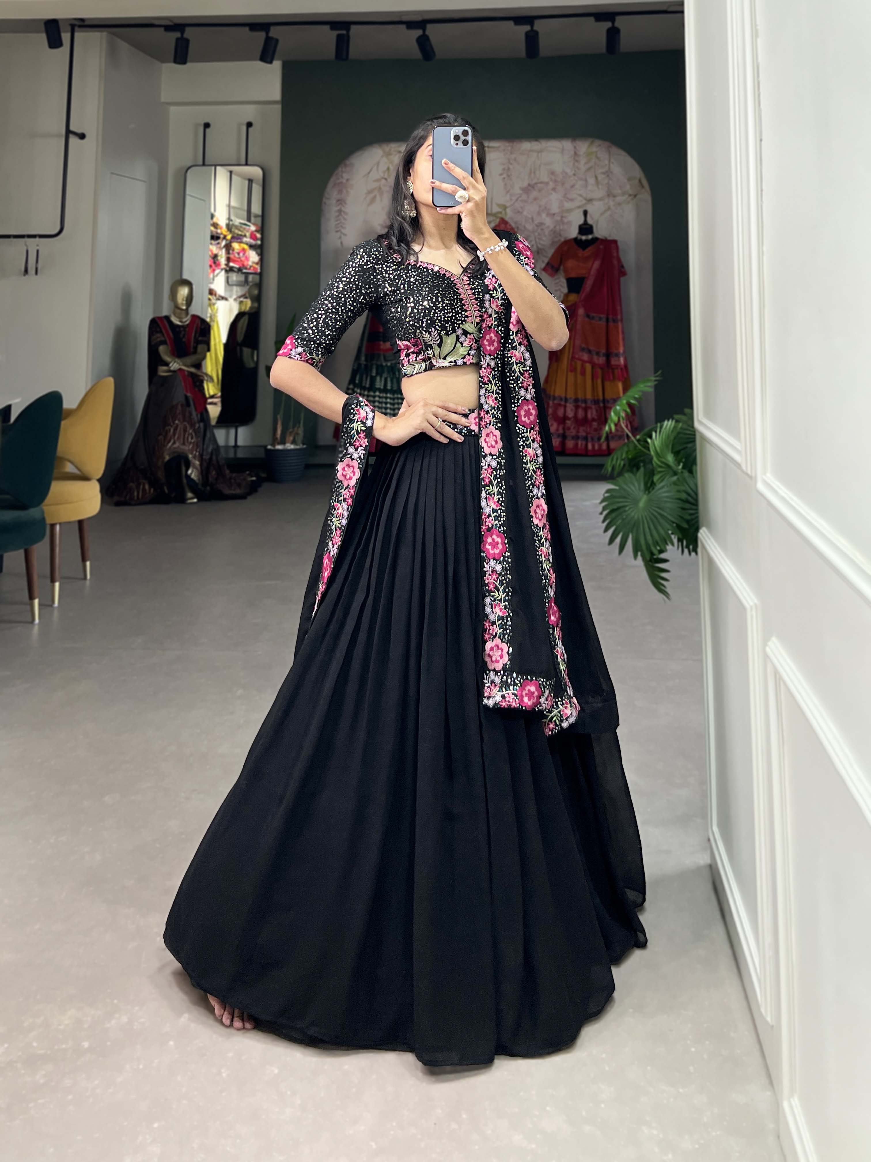 Lorenvalley Black Georgette Plain with Sequins and Thread Embroidery Work Belt Lehenga Choli with Dupatta