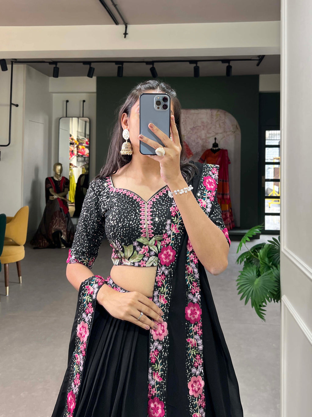 Lorenvalley Black Georgette Plain with Sequins and Thread Embroidery Work Belt Lehenga Choli with Dupatta