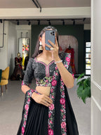 Lorenvalley Black Georgette Plain with Sequins and Thread Embroidery Work Belt Lehenga Choli with Dupatta