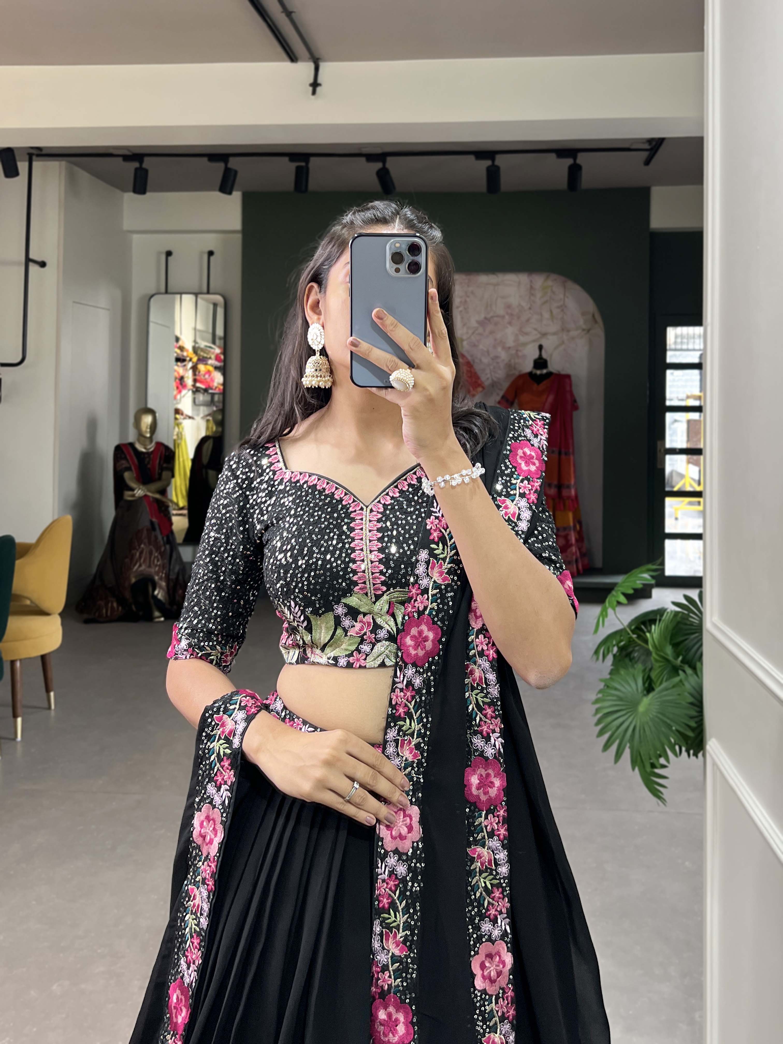 Lorenvalley Black Georgette Plain with Sequins and Thread Embroidery Work Belt Lehenga Choli with Dupatta