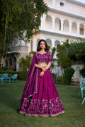 Lorenvalley Purple Vichitra Silk Sequins and Thread Embroidery Work With Lace Border Lehenga Choli