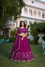 Lorenvalley Purple Vichitra Silk Sequins and Thread Embroidery Work With Lace Border Lehenga Choli