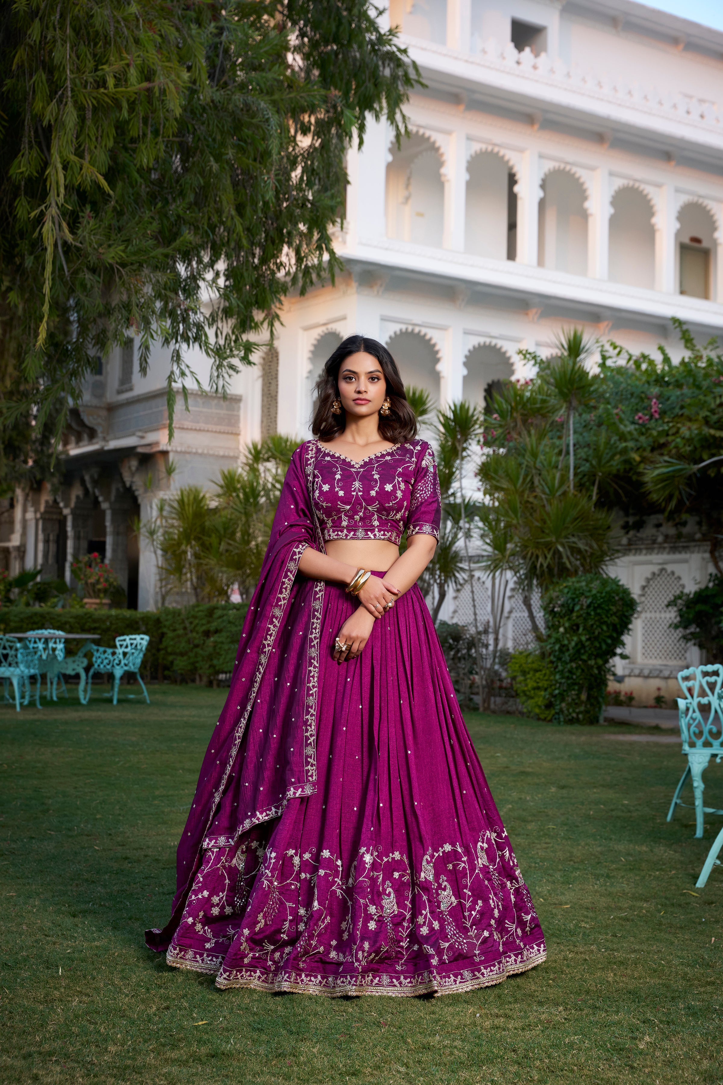 Lorenvalley Purple Vichitra Silk Sequins and Thread Embroidery Work With Lace Border Lehenga Choli