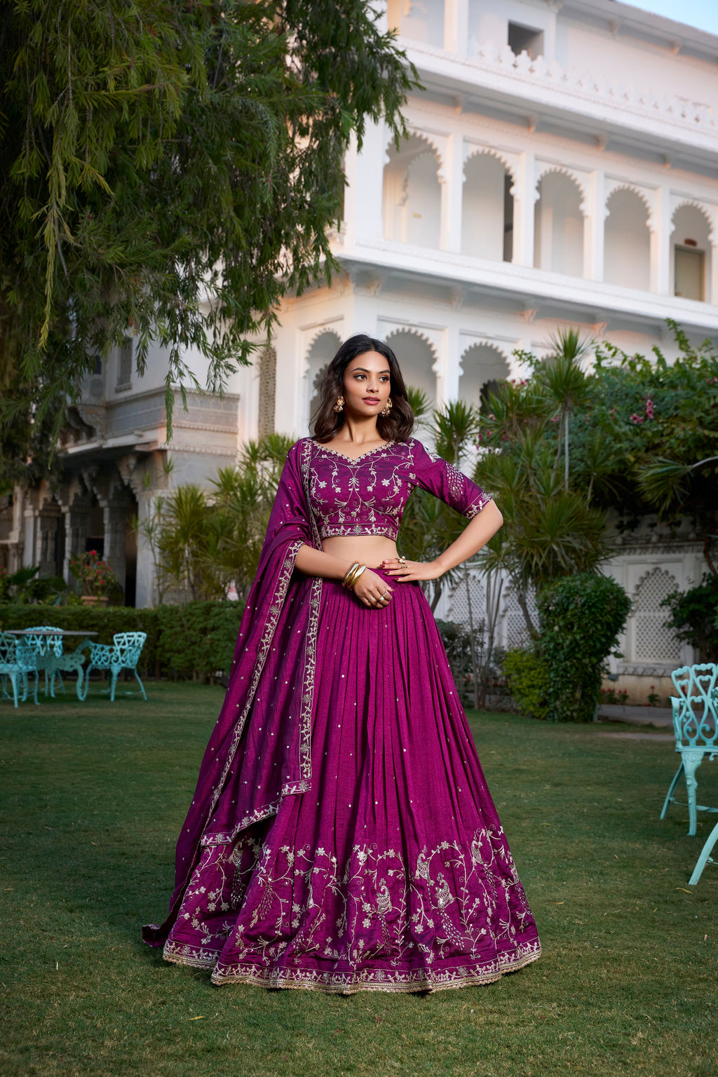 Lorenvalley Purple Vichitra Silk Sequins and Thread Embroidery Work With Lace Border Lehenga Choli