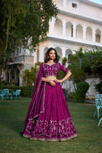 Lorenvalley Purple Vichitra Silk Sequins and Thread Embroidery Work With Lace Border Lehenga Choli