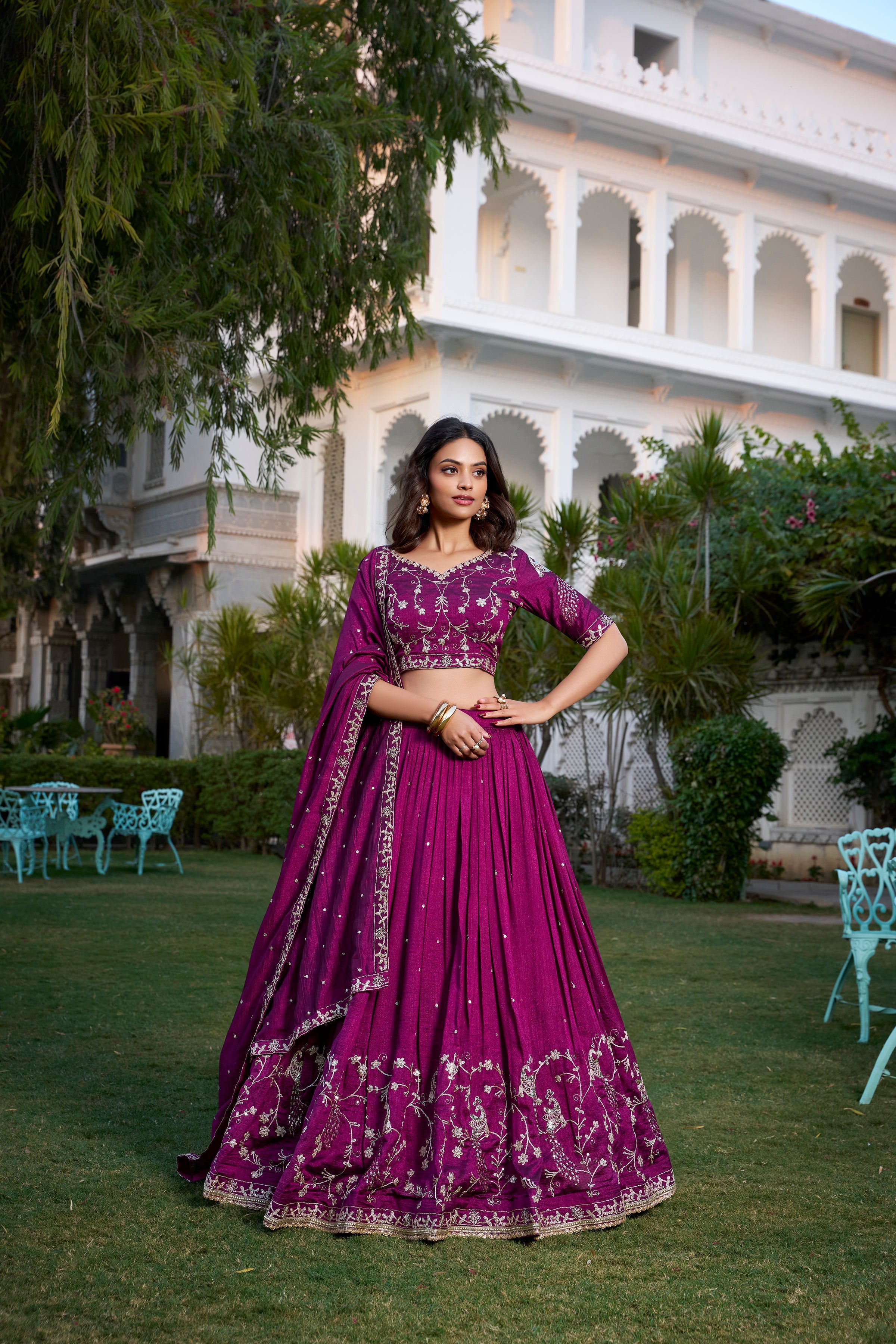 Lorenvalley Purple Vichitra Silk Sequins and Thread Embroidery Work With Lace Border Lehenga Choli
