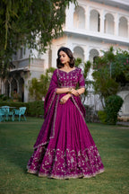 Lorenvalley Purple Vichitra Silk Sequins and Thread Embroidery Work With Lace Border Lehenga Choli